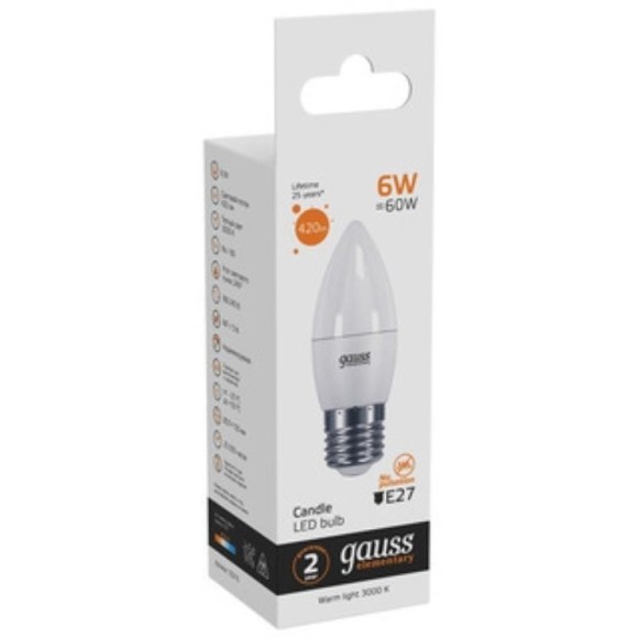 33216 Лампа Gauss LED Elementary Свеча 6W E27 420lm 3000K 1/10/50