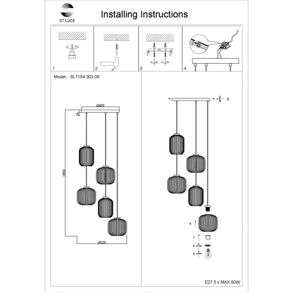 SL1154.303.05 Светильник подвесной ST-Luce Латунь/Дымчатый E27 5*60W GRAN