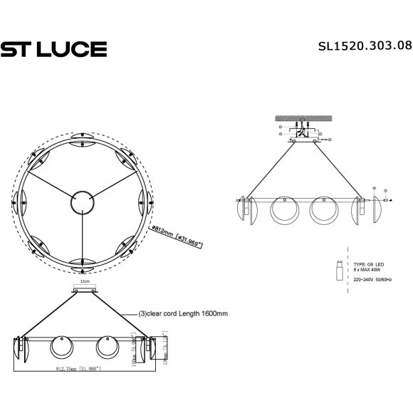 SL1520.303.08 Светильник подвесной ST-Luce Латунь/Алебастр G9 8*5W 4000K CLAM