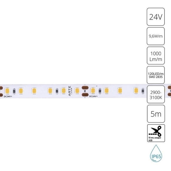 A2412008-04-3K Светодиодная лента 24В 9,6Вт/м 1000Лм/м 3000К CRI 90+ 8мм SMD2835 120шт/м 5м IP65