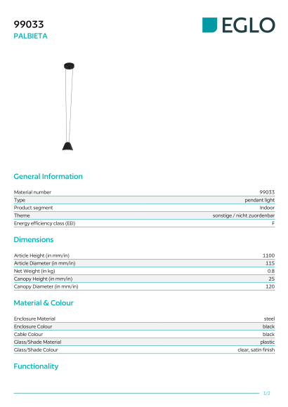 Подвесной светильник EGLO 99033 с LED-лампой GU10 2,8Вт, 3000К, 250Лм, прозрачный плафон с сатинированной отделкой, диаметр 115 мм, высота 1100 мм