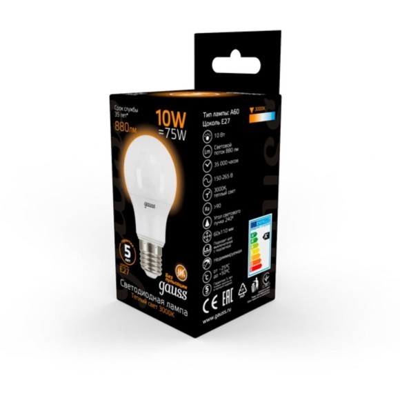 102502110 Лампа Gauss LED A60 10W E27 880lm  3000K 1/10/50