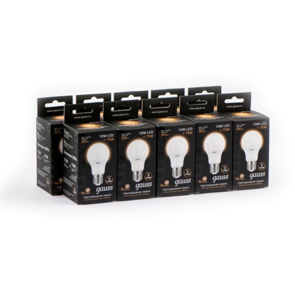 102502110 Лампа Gauss LED A60 10W E27 880lm  3000K 1/10/50