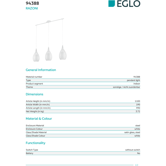 EGLO RAZONI 94388 Современный подвесной линейный светильник-люстра, лампы 3xE27 до 60Вт, общая мощность до 180Вт, 220-240В, IP20, регулируемая высота, без выключателя на корпусе, белая сталь и белое сатинированное стекло, 990x190x1100 мм, класс I