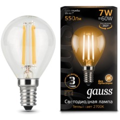 105801107 Лампа Gauss LED Filament Шар E14 7W 550lm 2700K 1/10/50