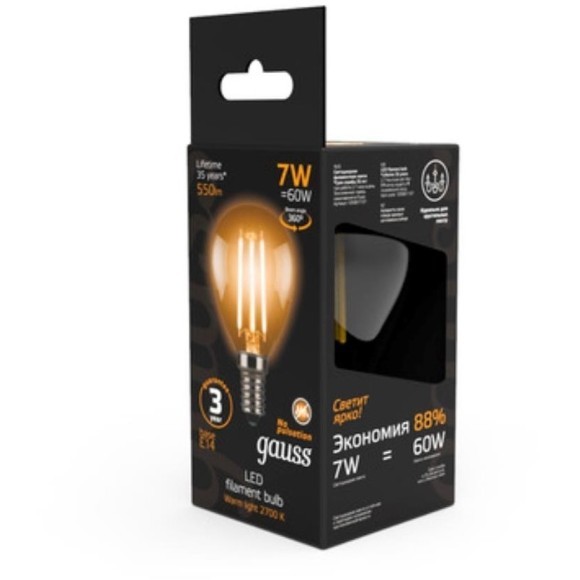 105801107 Лампа Gauss LED Filament Шар E14 7W 550lm 2700K 1/10/50