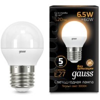 105102107 Лампа Gauss LED Шар E27 6.5W 520lm 3000K 1/10/50