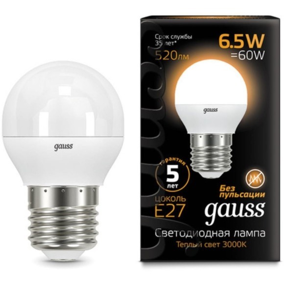 105102107 Лампа Gauss LED Шар E27 6.5W 520lm 3000K 1/10/50