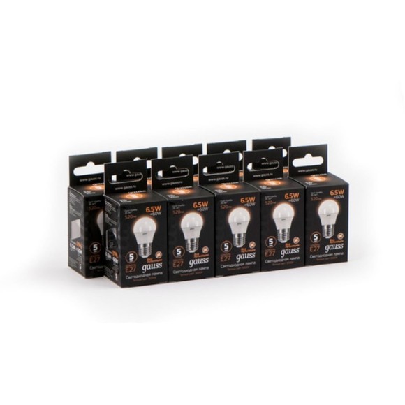 105102107 Лампа Gauss LED Шар E27 6.5W 520lm 3000K 1/10/50