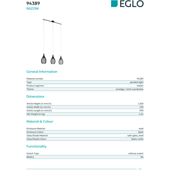 EGLO RAZONI 94389 Подвесной линейный светильник-люстра современный, лампы 3xE27 до 60Вт, общая мощность до 180Вт, 220-240В, IP20, регулируемая высота, без выключателя на корпусе, черная сталь и белое сатинированное стекло, 990x190x1100 мм, класс I