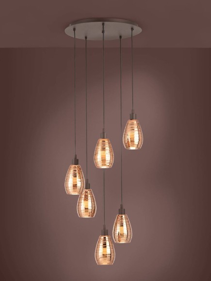 39508 EGLO SIRACUSA Подвесной светильник с шестью лампами E27, 360Вт, стеклянный плафон медный, арматура коричневая
