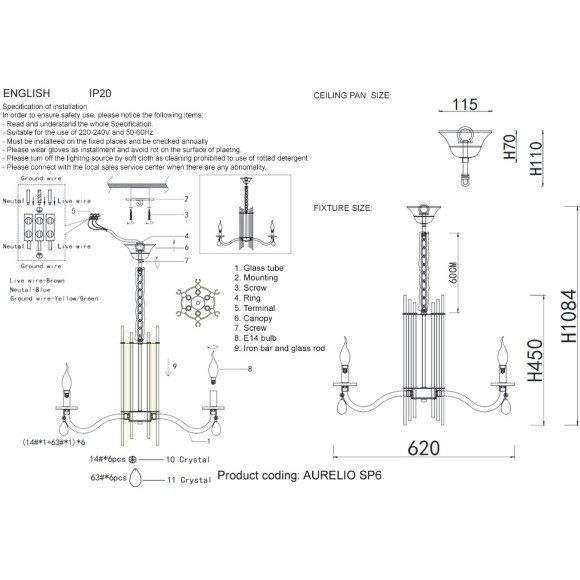 Люстра Crystal Lux AURELIO SP6 GOLD+CHROME/TRANSPARENT