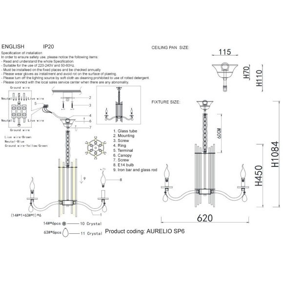 Люстра Crystal Lux AURELIO SP6 GOLD+CHROME/TRANSPARENT