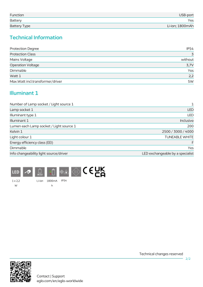 Настольная лампа EGLO MANNERA 900457, встроенный LED 2.2Вт, 200Лм, CRI 80, сенсорное управление, аккумулятор Li-ion 1800 мАч, IP54, диаметр 110 мм, высота 340 мм