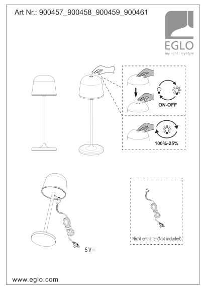 Настольная лампа EGLO MANNERA 900457, встроенный LED 2.2Вт, 200Лм, CRI 80, сенсорное управление, аккумулятор Li-ion 1800 мАч, IP54, диаметр 110 мм, высота 340 мм
