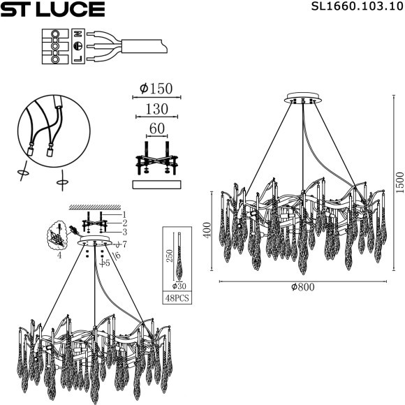 SL1660.103.10 Светильник подвесной ST-Luce Хром/Хром, Прозрачный G9 10*5W 4000K TEARDROPS