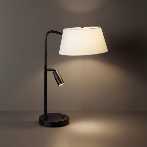 Freya Flint FR2066TL-L40B Настольный светильник с LED-подсветкой регулируемой по углу рассеивания, 1xE14 до 40Вт (нет в комплекте), 220В, подсветка: 3000К, CRI80, 150лм, 10-60 град, раздельное включение, черный металл, плафон белый абажур, 525x350x250мм