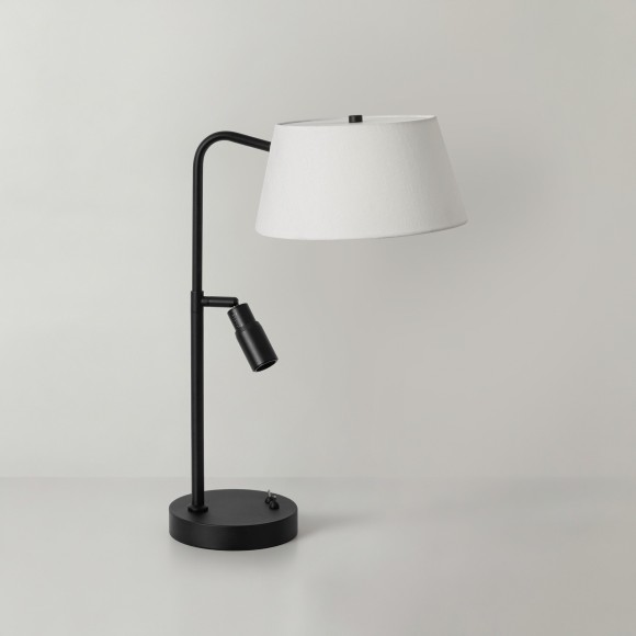 Freya Flint FR2066TL-L40B Настольный светильник с LED-подсветкой регулируемой по углу рассеивания, 1xE14 до 40Вт (нет в комплекте), 220В, подсветка: 3000К, CRI80, 150лм, 10-60 град, раздельное включение, черный металл, плафон белый абажур, 525x350x250мм