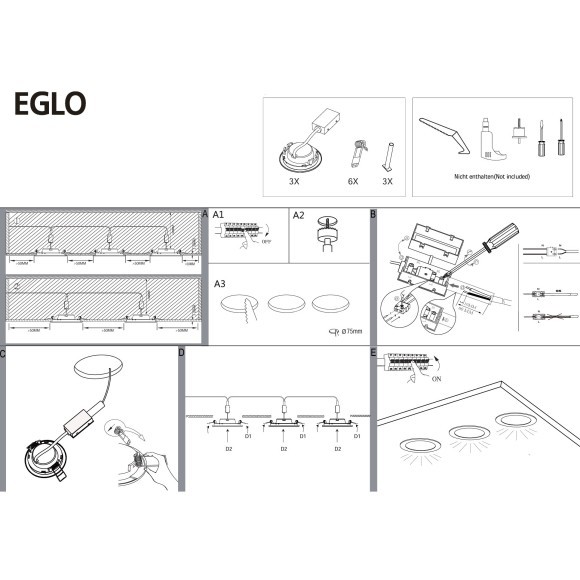 99146 EGLO FUEVA 5 (Фуэва 5), комплект из 3 встраиваемых LED-светильников, 3×2,7 Вт, 3000K, 990 лм, черный, IP20 99146 EGLO FUEVA 5 (Фуэва 5), комплект из 3 встраиваемых LED-светильников, 3×2,7 Вт, 3000K, 990 лм, черный, IP20