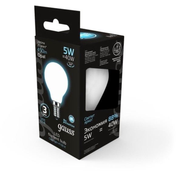 105201205 Лампа Gauss LED Filament Шар OPAL E14 5W 450lm 4100K 1/10/50
