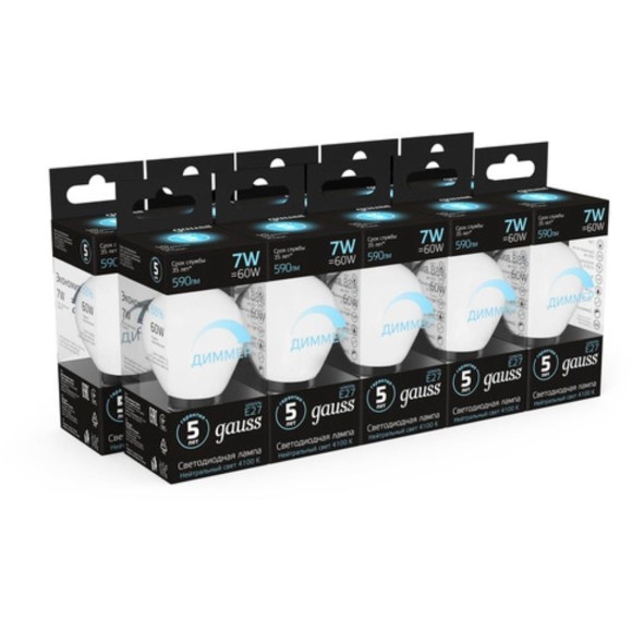 105102207-D Лампа Gauss Шар 7W 590lm 4100К Е27 диммируемая LED 1/10/100