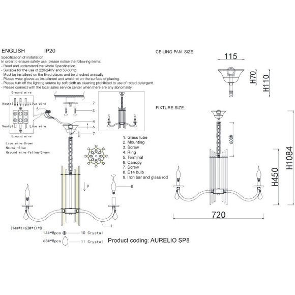 Люстра Crystal Lux AURELIO SP8 GOLD+CHROME/TRANSPARENT