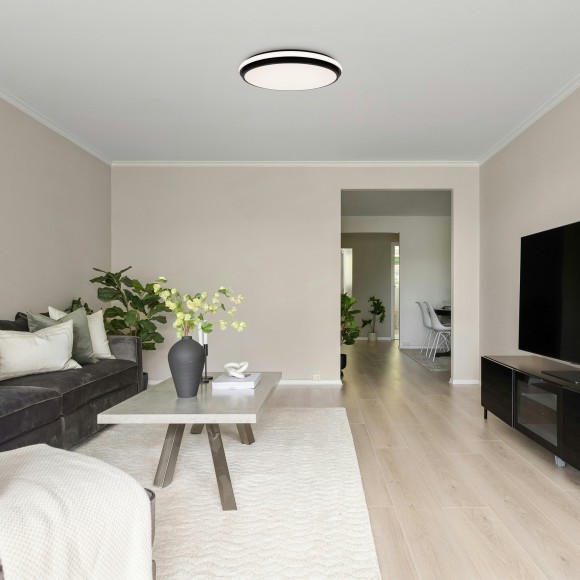 Freya Pie FR6086CL-L117B Диммируемый потолочный LED-светильник хай-тек с пультом на площадь до 18 м2, 96 Вт, 3000-7000К, CRI 80, 6847 лм, 180°, основание черный металл, плафон белый пластик, диаметр 400 мм, высота 60 мм