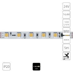 Arte Lamp A2406010-04-4K Светодиодная лента SPI (по-пиксельное цифровое управление участками) теплого света, длина 5 метров, ширина 10мм, SMD5050 60шт/м 14,4Вт/м 1000Лм/м 4000К CRI90+ 120° IP20 24В, кратность резки 100мм, -20°...+45°C