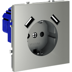 Розетка встраиваемая VOLTUM S70 с заземлением и защитными шторками, 16А, с USB, A+A, (сталь)