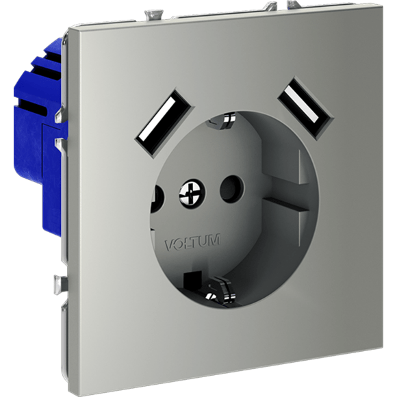 Розетка встраиваемая VOLTUM S70 с заземлением и защитными шторками, 16А, с USB, A+A, (сталь)