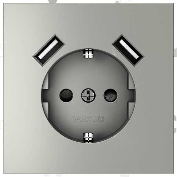 Розетка встраиваемая VOLTUM S70 с заземлением и защитными шторками, 16А, с USB, A+A, (сталь)