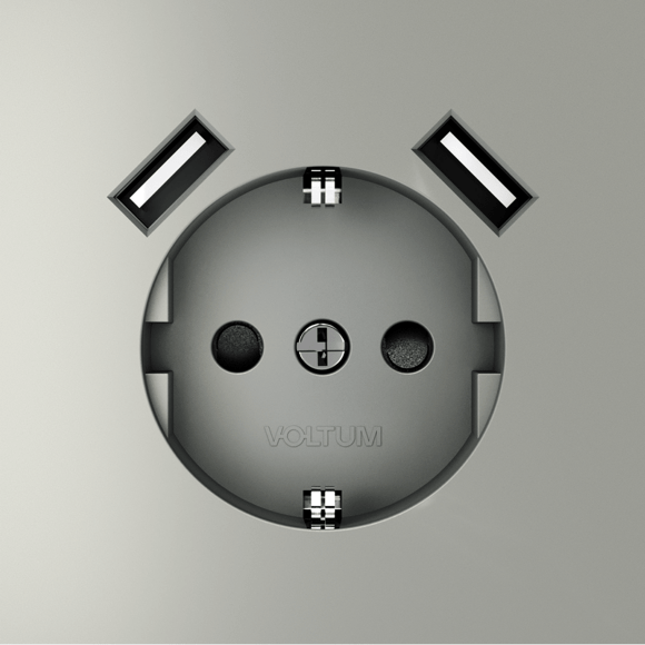 Розетка встраиваемая VOLTUM S70 с заземлением и защитными шторками, 16А, с USB, A+A, (сталь)