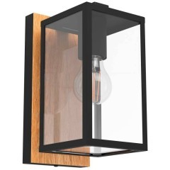 900289 Уличный настенный светильник BUDRONE, E27, 1X40W, IP44, L120, H270, A165, сталь, дерево, черный, коричневый/стекло, прозрачный