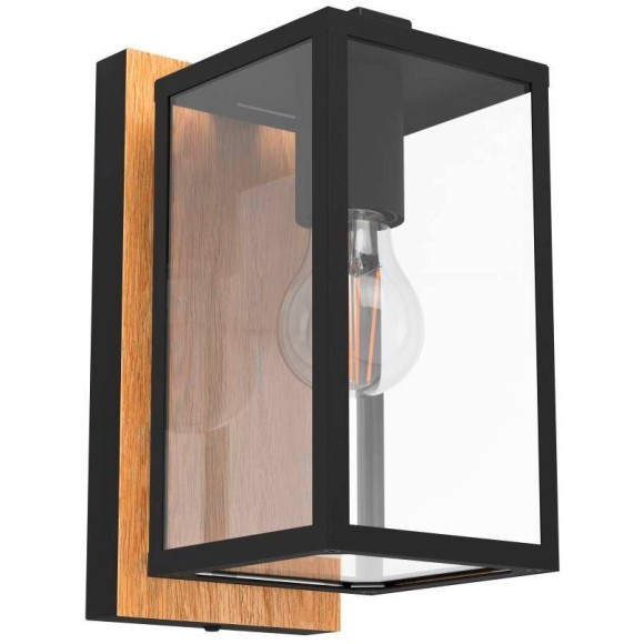 900289 Уличный настенный светильник BUDRONE, E27, 1X40W, IP44, L120, H270, A165, сталь, дерево, черный, коричневый/стекло, прозрачный