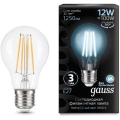 102902212 Лампа Gauss Filament А60 12W 1250lm 4100К Е27 LED 1/10/40
