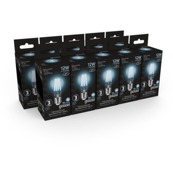102902212 Лампа Gauss Filament А60 12W 1250lm 4100К Е27 LED 1/10/40