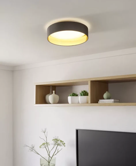 Потолочный светильник EGLO MASERLO 2 99542, встроенный LED 20Вт, 3000К, CRI 80, 2400Лм, подключение 220В, плафон из ткани цвета капучино и золота, диаметр 380 мм, высота 90 мм