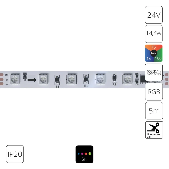Arte Lamp A2406010-05-RGB Светодиодная лента SPI (по-пиксельное цифровое управление участками) RGB диапазона, длина 5 метров, ширина 10мм, SMD5050 60шт/м 14,4Вт/м 310Лм/м (R:75Лм G:190 B:45) CRI90+ 120° IP20 24В, кратность резки 100мм, -20°...+45°C Arte Lamp A2406010-05-RGB Светодиодная лента SPI (по-пиксельное цифровое управление участками) RGB диапазона, длина 5 метров, ширина 10мм, SMD5050 60шт/м 14,4Вт/м 310Лм/м (R:75Лм G:190 B:45) CRI90+ 120° IP20 24В, кратность резки 100мм, -20°...+45°C