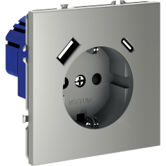 Розетка встраиваемая VOLTUM S70 с заземлением и защитными шторками, 16А, с USB, A+С, (сталь)