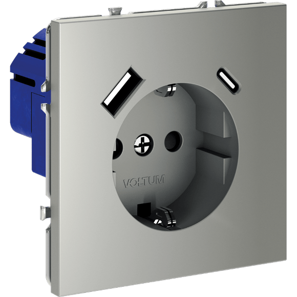 Розетка встраиваемая VOLTUM S70 с заземлением и защитными шторками, 16А, с USB, A+С, (сталь)