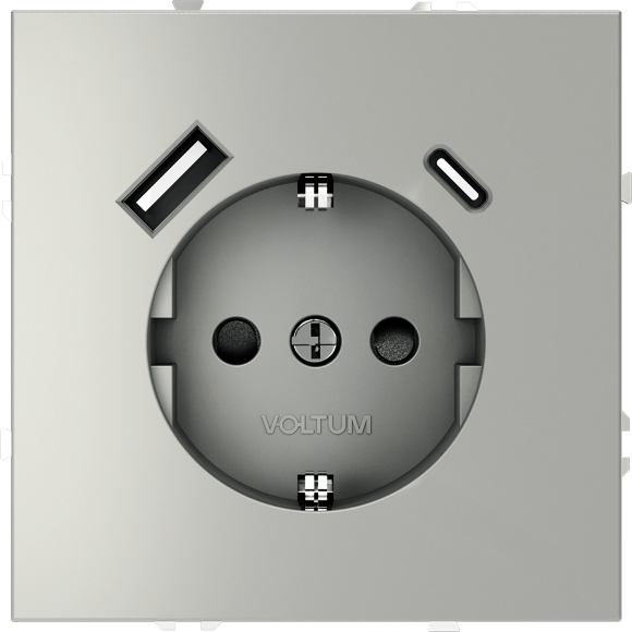 Розетка встраиваемая VOLTUM S70 с заземлением и защитными шторками, 16А, с USB, A+С, (сталь)