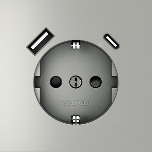 Розетка встраиваемая VOLTUM S70 с заземлением и защитными шторками, 16А, с USB, A+С, (сталь)