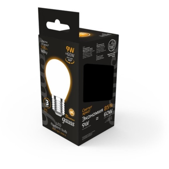 105202109 Лампа Gauss Filament Шар 9W 590lm 3000К Е27 milky LED 1/10/50