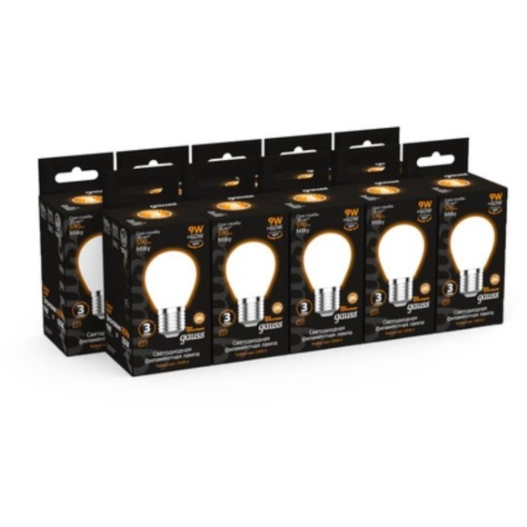 105202109 Лампа Gauss Filament Шар 9W 590lm 3000К Е27 milky LED 1/10/50