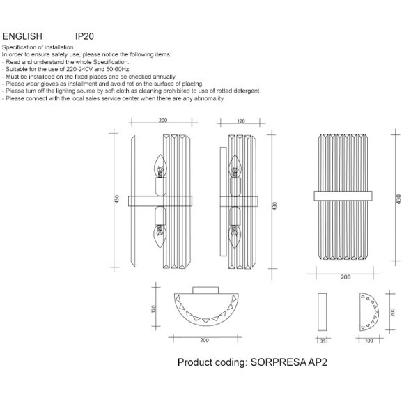 Бра Crystal Lux SORPRESA AP2 BRASS/TRANSPARENTE
