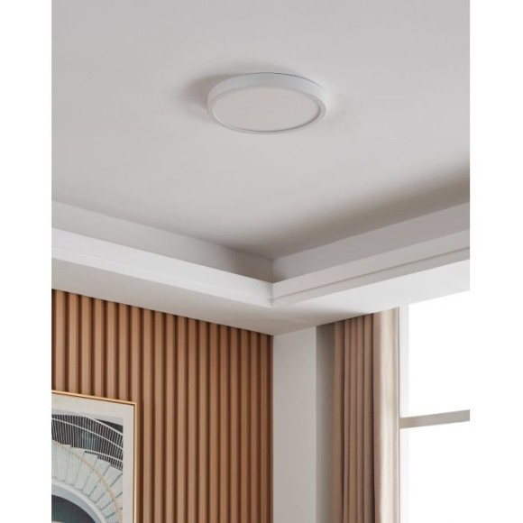 Eglo Fueva 5 901012 Накладной круглый LED-светильник в стиле минимализм, диаметр 28 см, с датчиком движения (угол 160° дальность работы до 2 м) 20Вт, 3000К, 2400лм, CRI90, 220В, белый металл, белый акриловый рассеиватель, габариты 285x28 мм