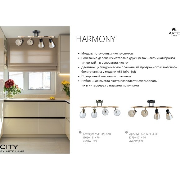Потолочный светильник с 4 стеклянными плафонами и цоколем E27 Arte Lamp Harmony A5112PL-4BK