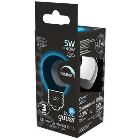 105802205-D Лампа Gauss Filament Шар 5W 450lm 4100К Е27 диммируемая LED 1/10/50 105802205-D Лампа Gauss Filament Шар 5W 450lm 4100К Е27 диммируемая LED 1/10/50
