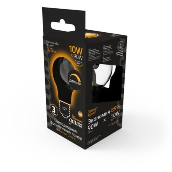 102202110-D Лампа Gauss Filament А60 10W 820lm 2700К Е27 milky диммируемая LED 1/10/40