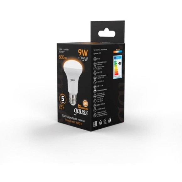 106002109 Лампа Gauss LED R63 E27 9W 660lm 2700K 1/10/50